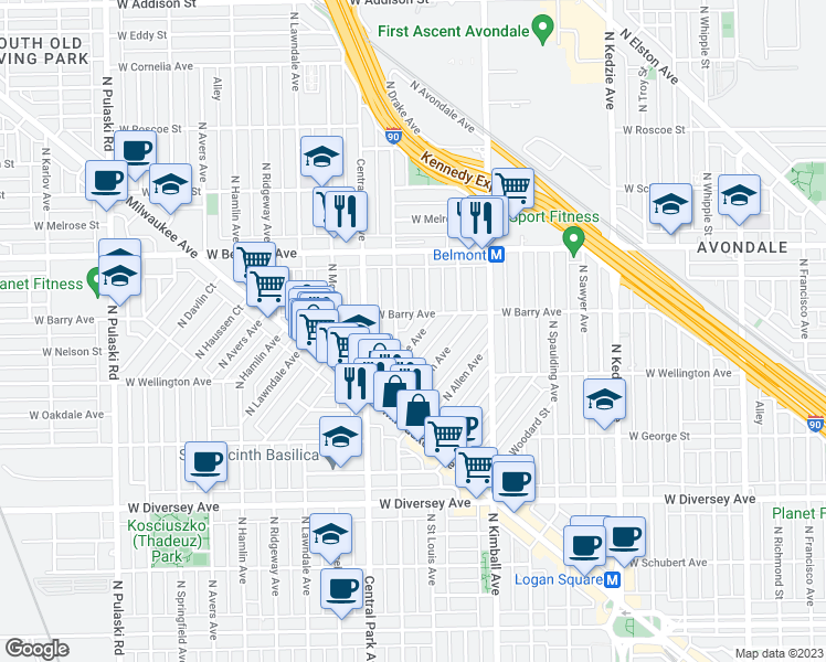 map of restaurants, bars, coffee shops, grocery stores, and more near 3074 North Elbridge Avenue in Chicago