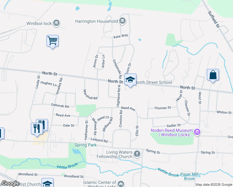 map of restaurants, bars, coffee shops, grocery stores, and more near 23 Highland Road North in Windsor Locks