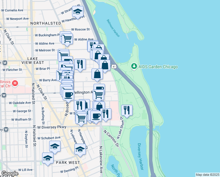 map of restaurants, bars, coffee shops, grocery stores, and more near 300-340 West Wellington Avenue in Chicago