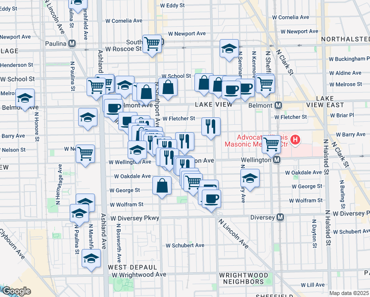map of restaurants, bars, coffee shops, grocery stores, and more near 1301 West Nelson Street in Chicago