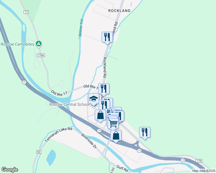 map of restaurants, bars, coffee shops, grocery stores, and more near 10 Rockland Road in Roscoe
