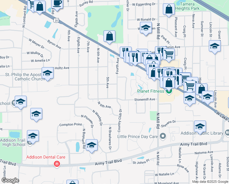 map of restaurants, bars, coffee shops, grocery stores, and more near 4N151 5th Avenue in Addison