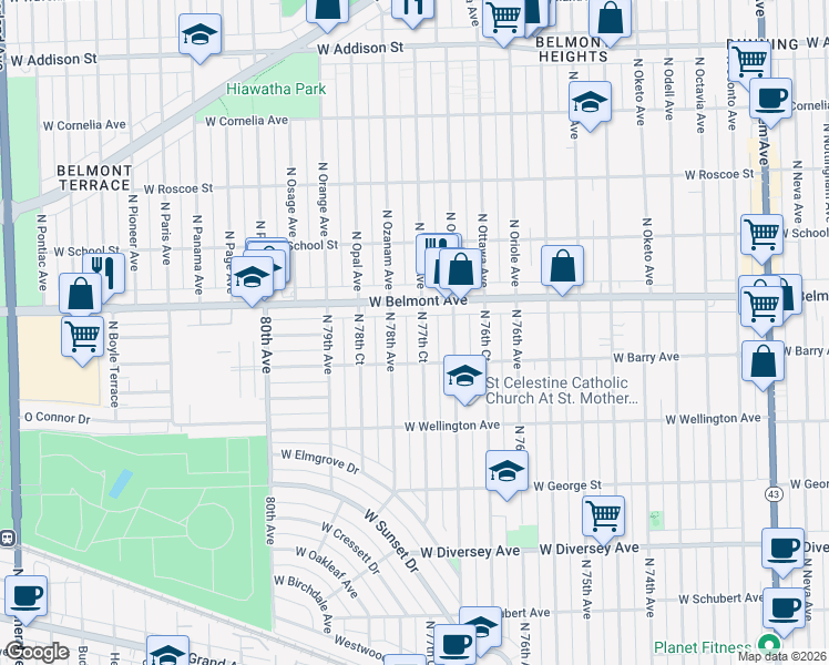 map of restaurants, bars, coffee shops, grocery stores, and more near 3120 North 77th Court in Elmwood Park