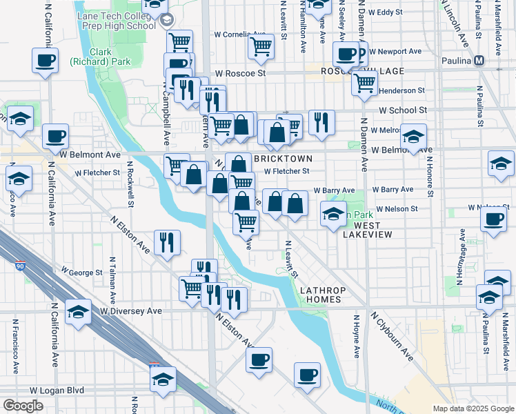 map of restaurants, bars, coffee shops, grocery stores, and more near 3056 North Clybourn Avenue in Chicago