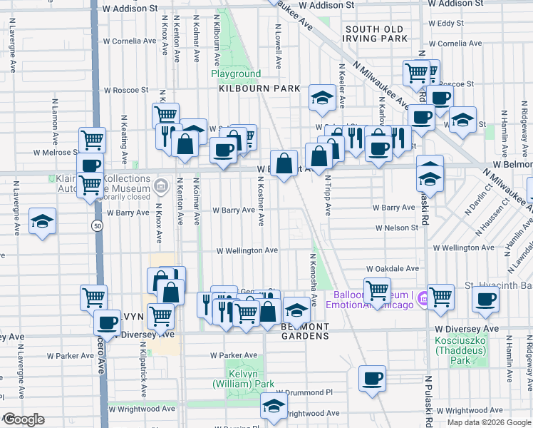 map of restaurants, bars, coffee shops, grocery stores, and more near 3055 North Kostner Avenue in Chicago
