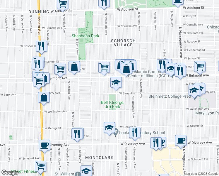 map of restaurants, bars, coffee shops, grocery stores, and more near 3121 North Newcastle Avenue in Chicago
