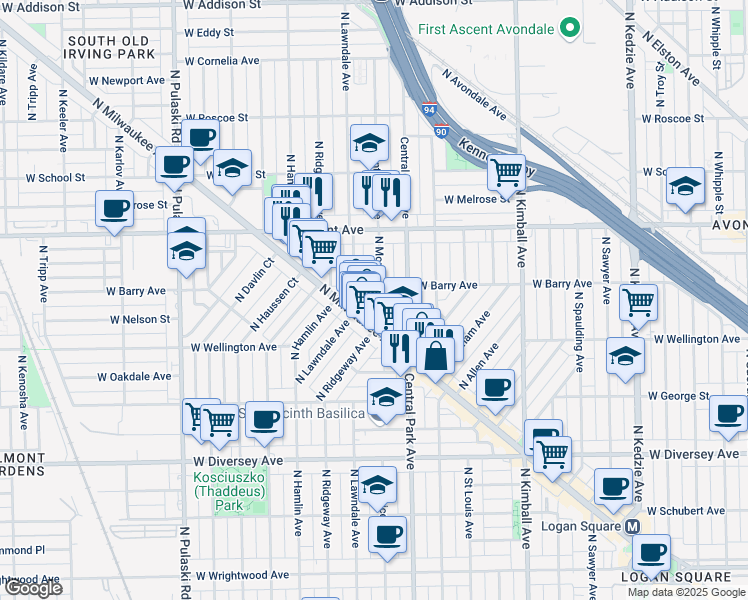 map of restaurants, bars, coffee shops, grocery stores, and more near 3048 North Monticello Avenue in Chicago