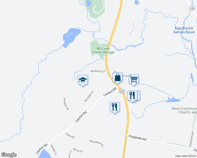 map of restaurants, bars, coffee shops, grocery stores, and more near 5 Canton Road in Granby