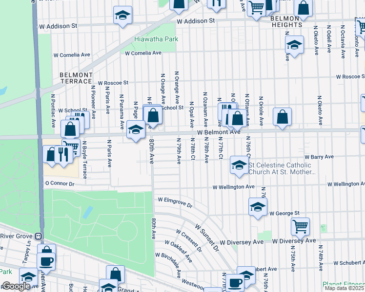 map of restaurants, bars, coffee shops, grocery stores, and more near 3125 North 79th Avenue in Chicago