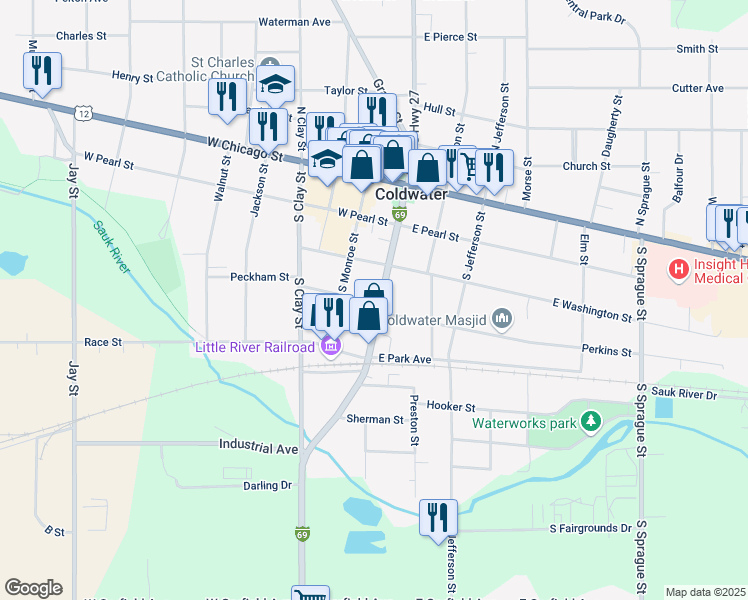 map of restaurants, bars, coffee shops, grocery stores, and more near 124 Division Street in Coldwater