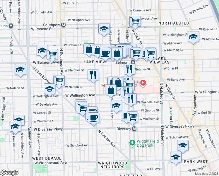 map of restaurants, bars, coffee shops, grocery stores, and more near 3022 North Seminary Avenue in Chicago