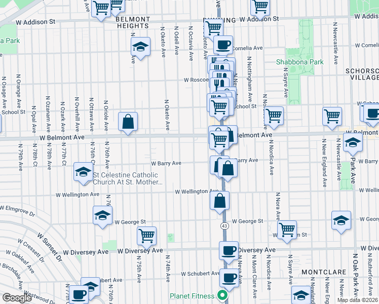 map of restaurants, bars, coffee shops, grocery stores, and more near 3121 North Odell Avenue in Chicago