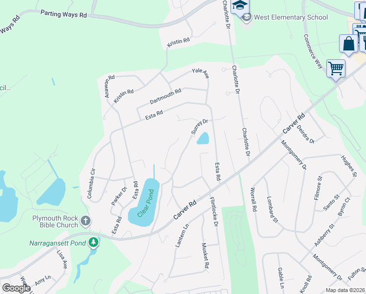 map of restaurants, bars, coffee shops, grocery stores, and more near 34 Surrey Drive in Plymouth