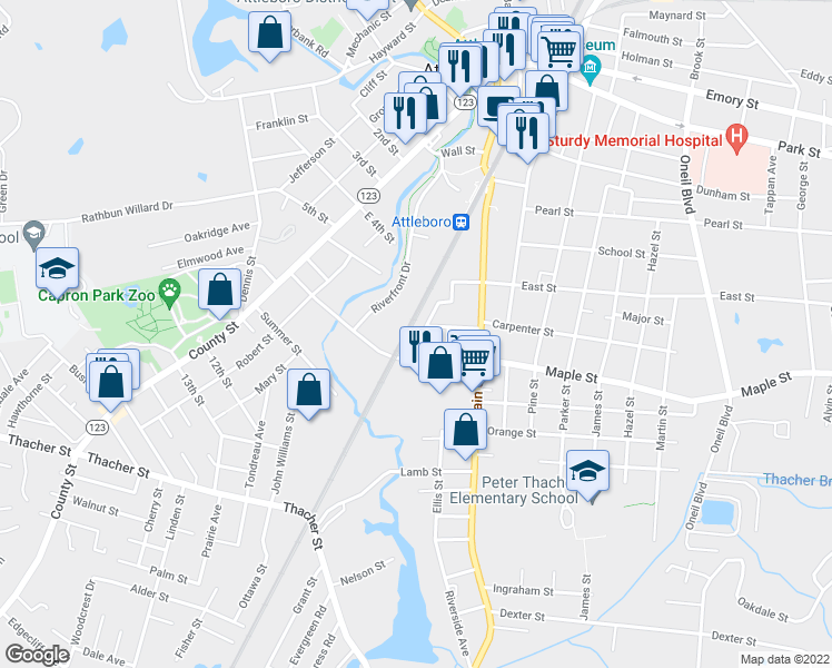 map of restaurants, bars, coffee shops, grocery stores, and more near 7 Eden Court in Attleboro