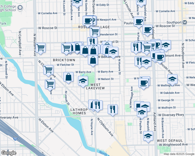 map of restaurants, bars, coffee shops, grocery stores, and more near 1952 West Nelson Street in Chicago