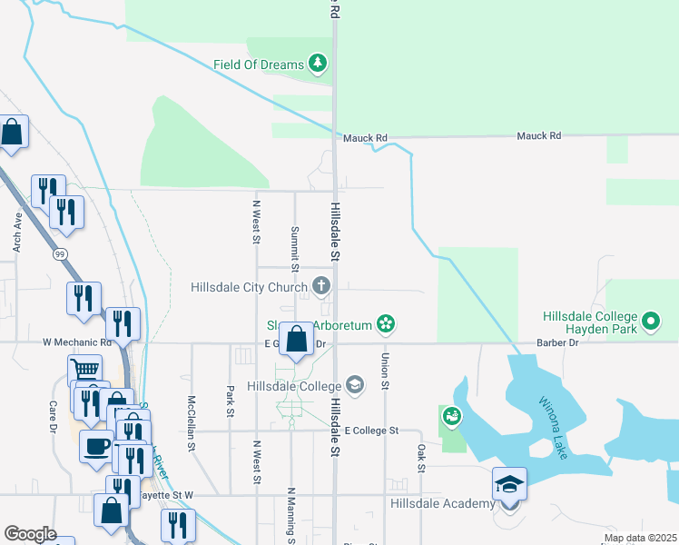 map of restaurants, bars, coffee shops, grocery stores, and more near 339 Hillsdale Street in Hillsdale