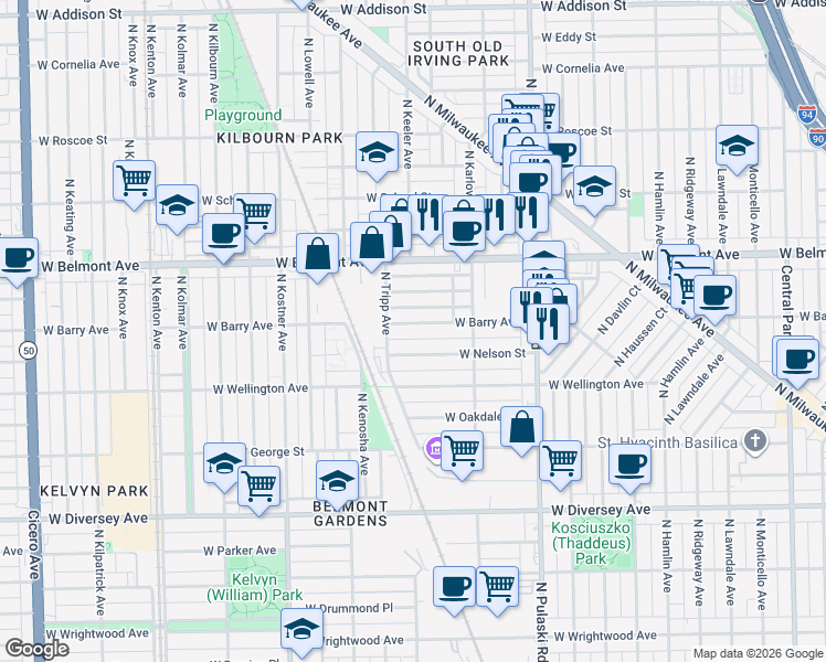 map of restaurants, bars, coffee shops, grocery stores, and more near 4161 West Barry Avenue in Chicago