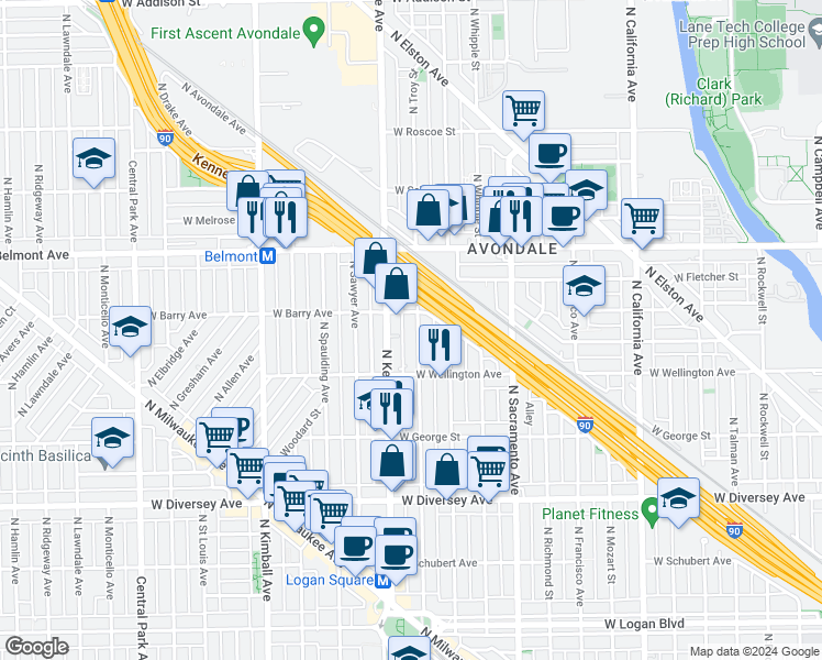map of restaurants, bars, coffee shops, grocery stores, and more near 3042 North Troy Street in Chicago