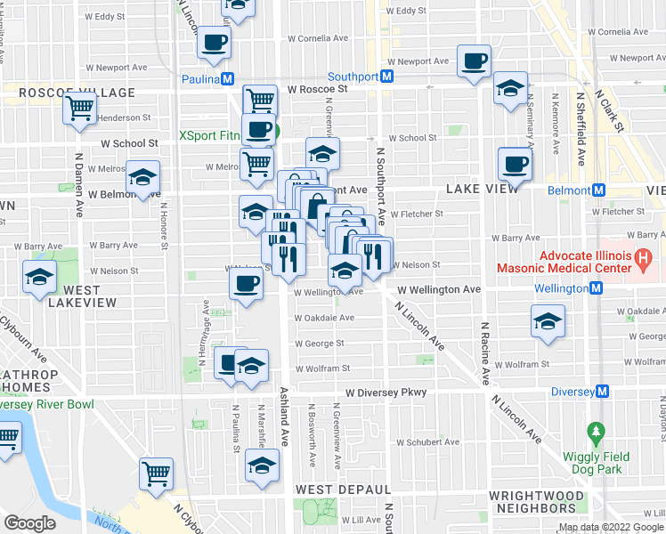 map of restaurants, bars, coffee shops, grocery stores, and more near N Greenview Ave & W Nelson St in Chicago