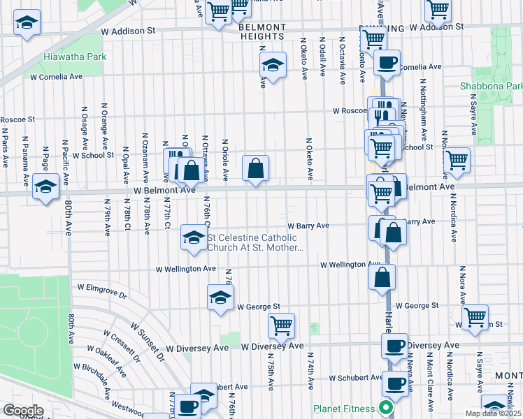 map of restaurants, bars, coffee shops, grocery stores, and more near 3124 North Olcott Avenue in Chicago