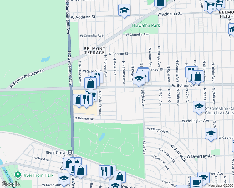 map of restaurants, bars, coffee shops, grocery stores, and more near 3121 Paris Avenue in River Grove