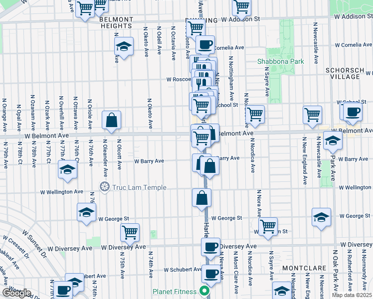 map of restaurants, bars, coffee shops, grocery stores, and more near 3120 N Oconto Ave in Chicago