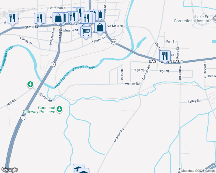 map of restaurants, bars, coffee shops, grocery stores, and more near 155 Welton Road in Conneaut