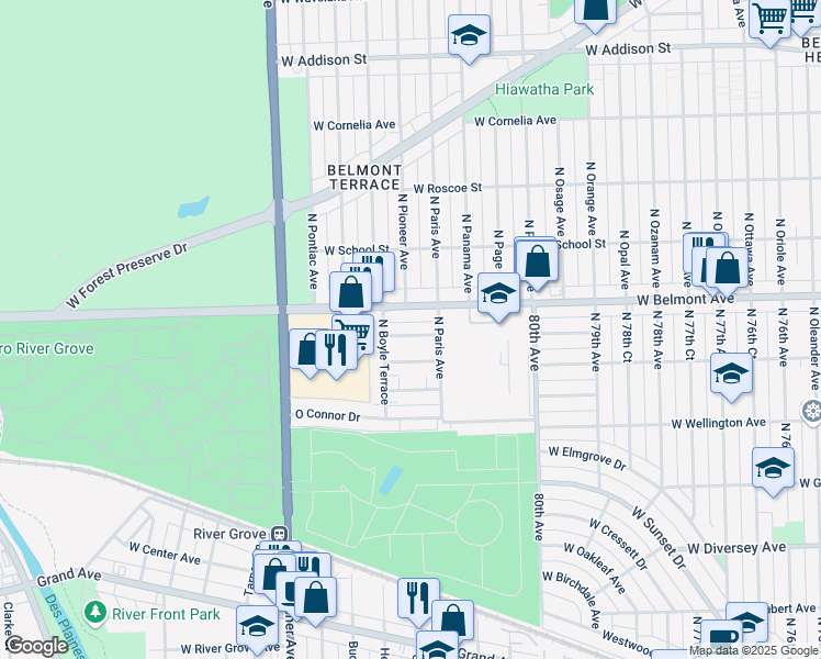 map of restaurants, bars, coffee shops, grocery stores, and more near 8208 West Smith Lane in River Grove