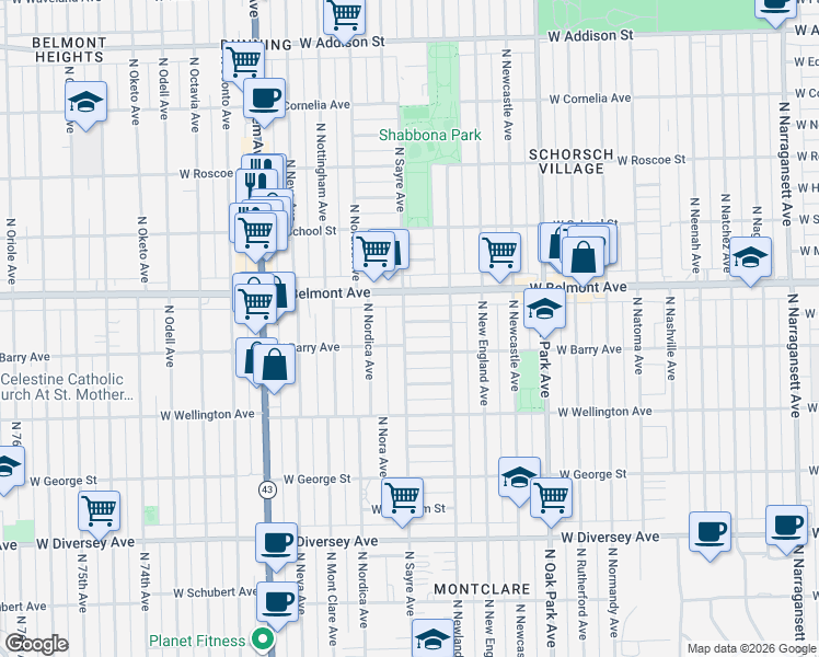 map of restaurants, bars, coffee shops, grocery stores, and more near 6975 West Fletcher Street in Chicago