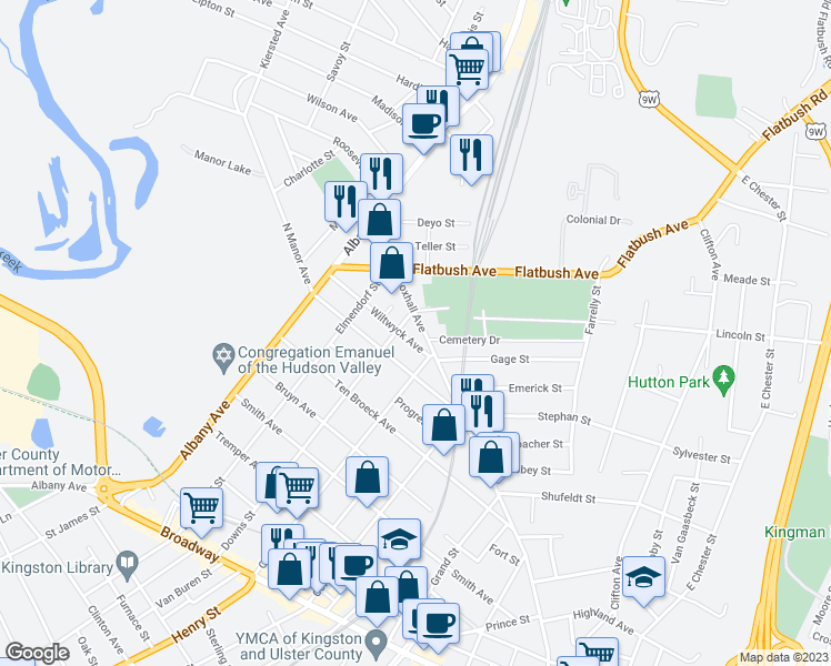 map of restaurants, bars, coffee shops, grocery stores, and more near 329 Foxhall Avenue in Kingston
