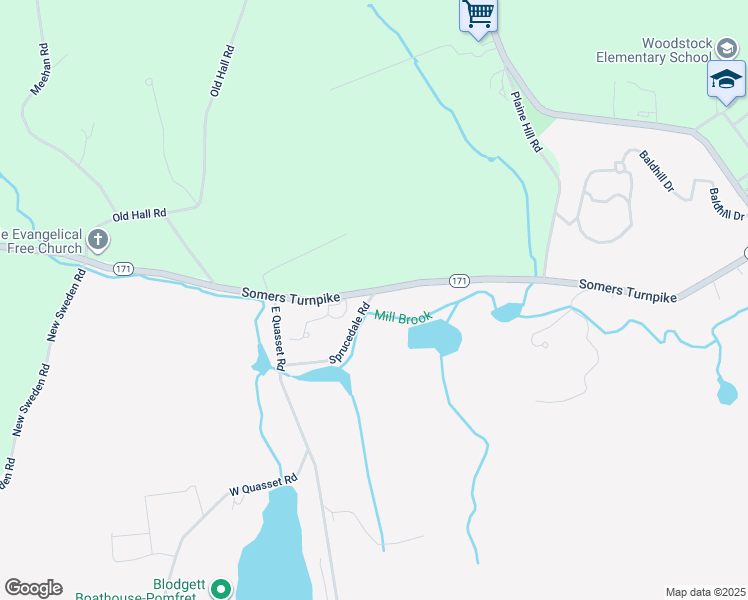 map of restaurants, bars, coffee shops, grocery stores, and more near 444 Connecticut 171 in Woodstock