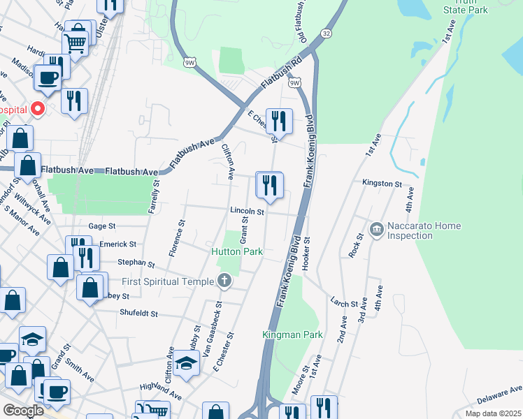 map of restaurants, bars, coffee shops, grocery stores, and more near 339-347 East Chester Street in Kingston