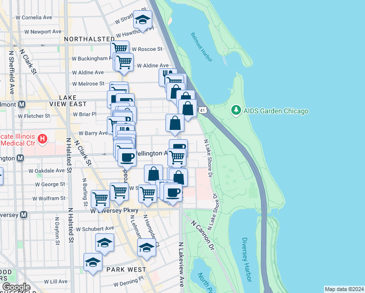 map of restaurants, bars, coffee shops, grocery stores, and more near 360 West Wellington Avenue in Chicago
