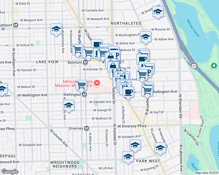 map of restaurants, bars, coffee shops, grocery stores, and more near 3016 North Halsted Street in Chicago