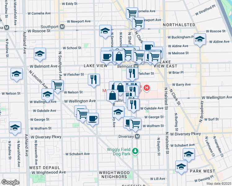map of restaurants, bars, coffee shops, grocery stores, and more near 3024 North Kenmore Avenue in Chicago