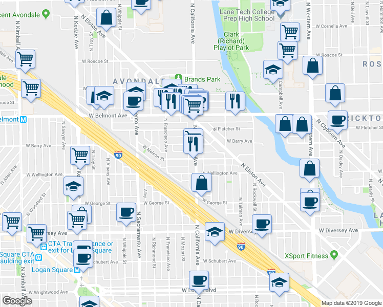 map of restaurants, bars, coffee shops, grocery stores, and more near 3043 North California Avenue in Chicago