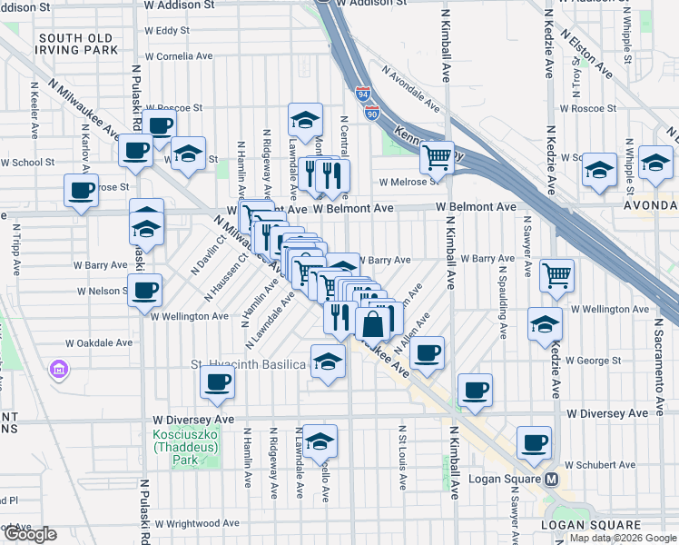 map of restaurants, bars, coffee shops, grocery stores, and more near 3059 North Central Park Avenue in Chicago