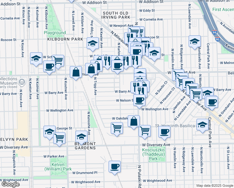 map of restaurants, bars, coffee shops, grocery stores, and more near 4123 West Barry Avenue in Chicago
