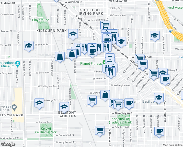 map of restaurants, bars, coffee shops, grocery stores, and more near 4123 West Barry Avenue in Chicago