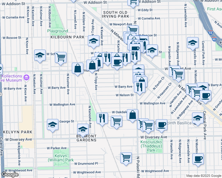 map of restaurants, bars, coffee shops, grocery stores, and more near 4123 West Barry Avenue in Chicago
