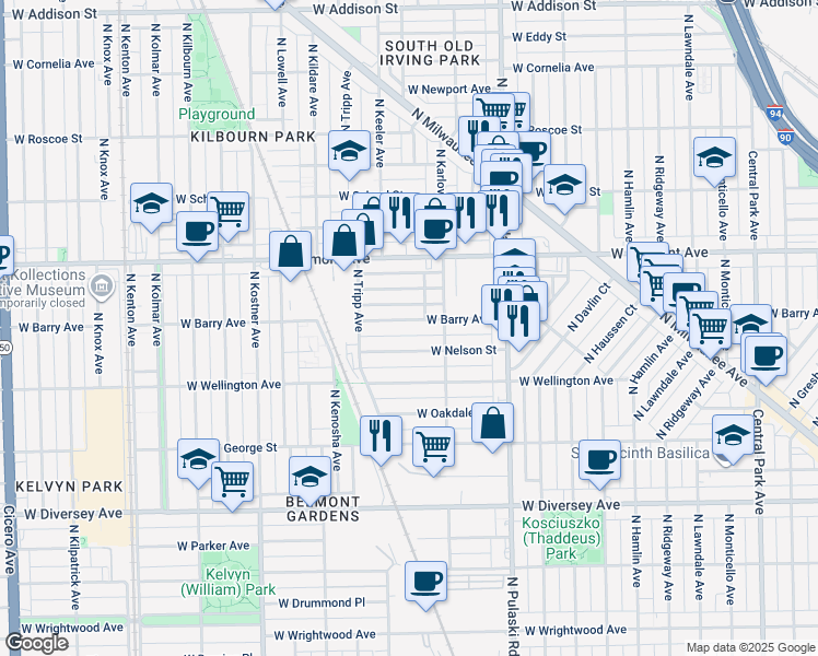 map of restaurants, bars, coffee shops, grocery stores, and more near 4123 West Barry Avenue in Chicago