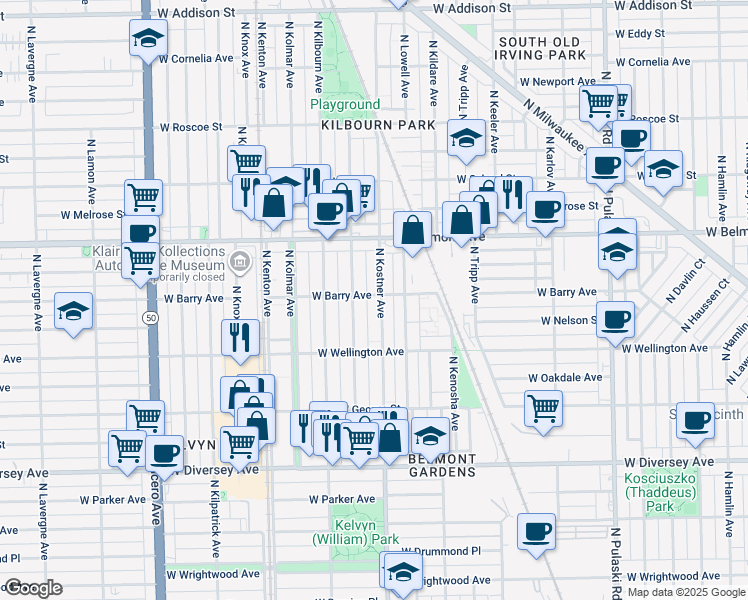 map of restaurants, bars, coffee shops, grocery stores, and more near 3059 North Kenneth Avenue in Chicago