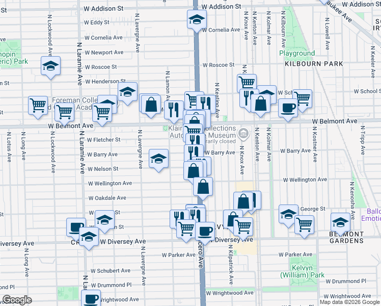 map of restaurants, bars, coffee shops, grocery stores, and more near 3100 Illinois 50 in Chicago