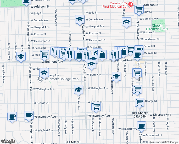 map of restaurants, bars, coffee shops, grocery stores, and more near 3110 North Mason Avenue in Chicago