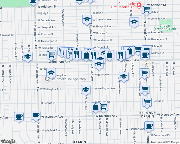 map of restaurants, bars, coffee shops, grocery stores, and more near 6018 West Barry Avenue in Chicago