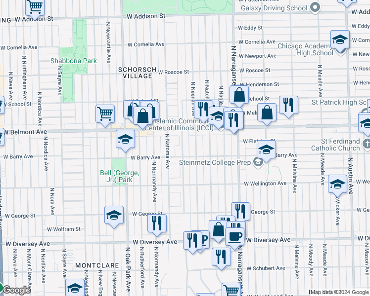 map of restaurants, bars, coffee shops, grocery stores, and more near 3115 North Nashville Avenue in Chicago