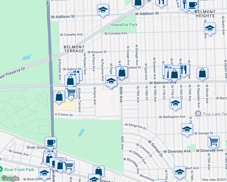 map of restaurants, bars, coffee shops, grocery stores, and more near 8001 West Belmont Avenue in River Grove