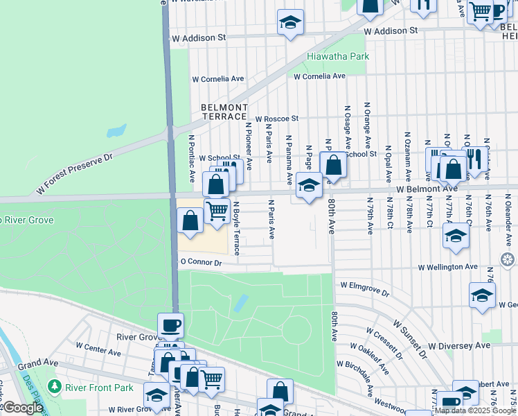 map of restaurants, bars, coffee shops, grocery stores, and more near 8208 West Smith Lane in River Grove