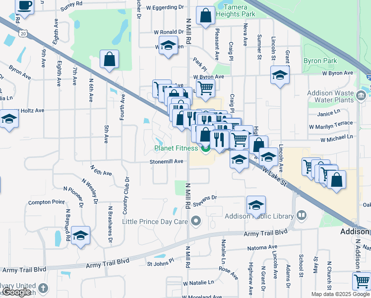 map of restaurants, bars, coffee shops, grocery stores, and more near 520 North Mill Road in Addison