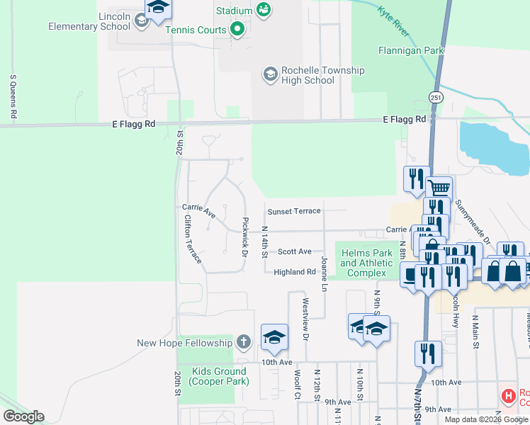 map of restaurants, bars, coffee shops, grocery stores, and more near 1333 Sunset Terrace in Rochelle